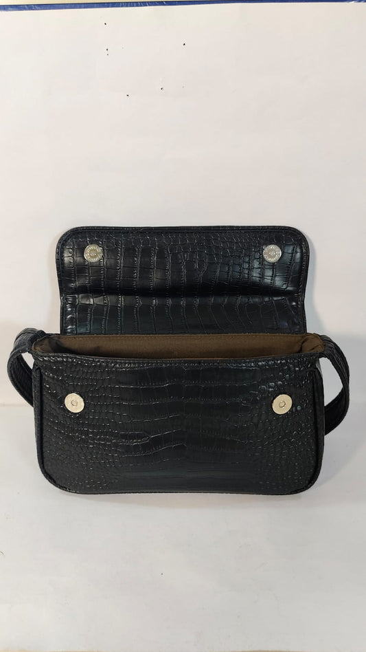 Black leather hand purse from with an elegant crocodile texture and spacious interior