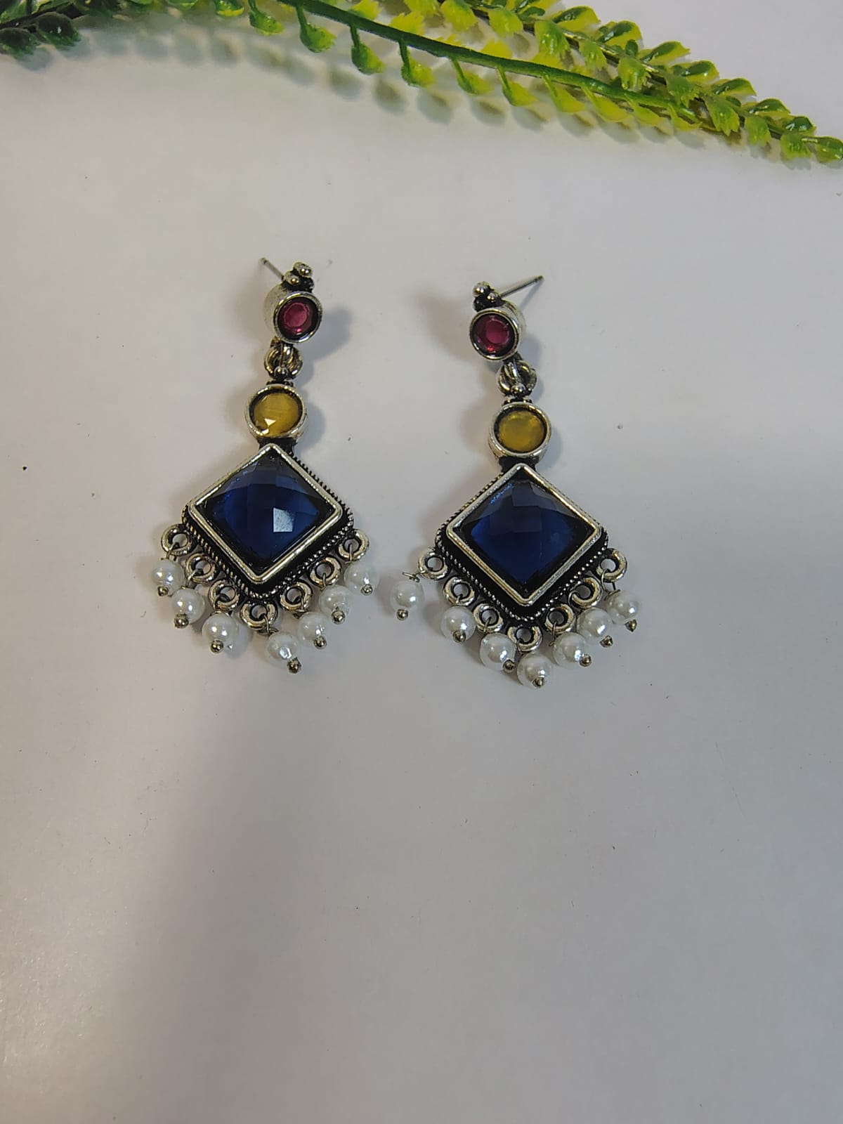 Wincham Fashion House Dangle Earrings with Blue Stone and Pearls for Elegant Style