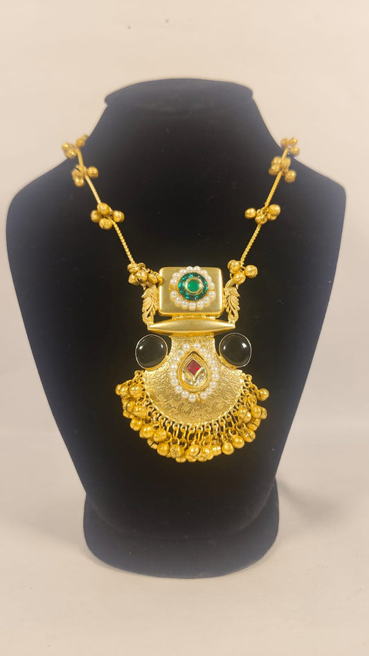 Designer party wear necklace set with intricate detailing and colorful embellishments