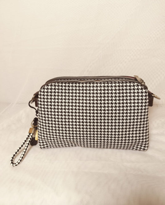 Small designer evening bag check pattern clutch with wrist strap and zipper closure