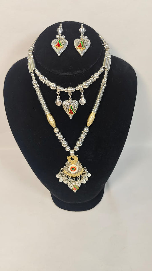 Stylish dual necklace set silver and gold with matching earrings featuring intricate designs