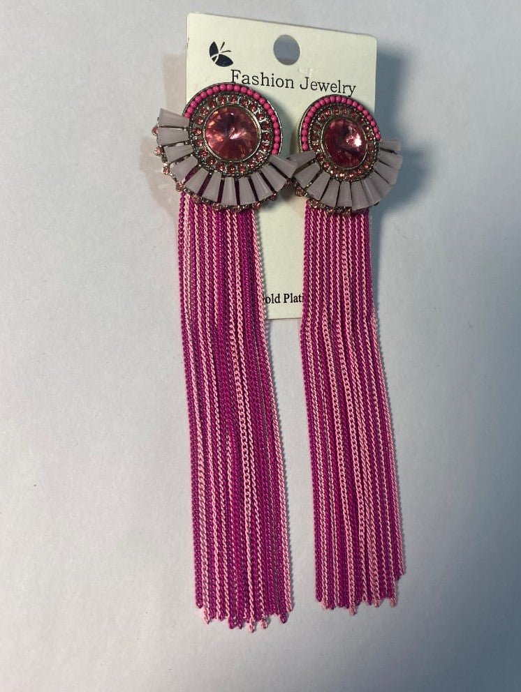 Pink stone earrings with long pink tassels and decorative bead accents from My Store