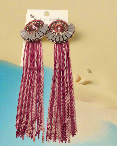 Long pink stone earrings with fringe tassels and decorative top from My Store