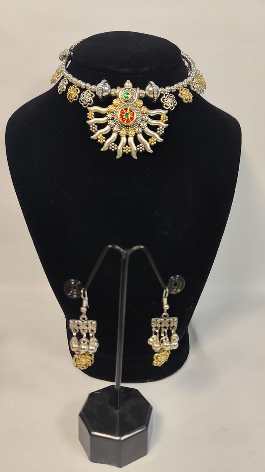 German silver necklace set with intricate detailing and matching earrings