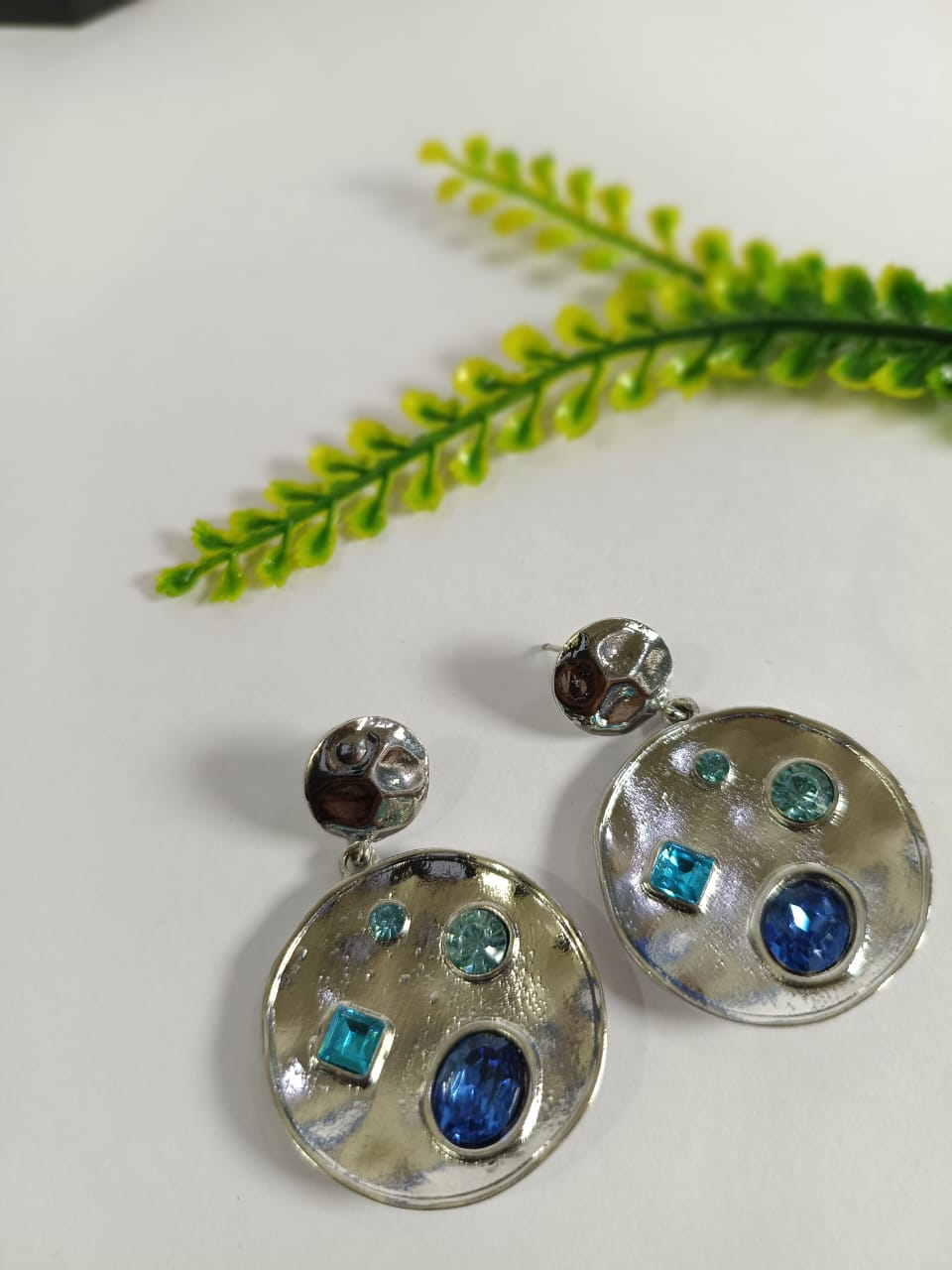 Wincham Fashion House earrings with stone beded drop featuring blue and teal stones in a silver finish