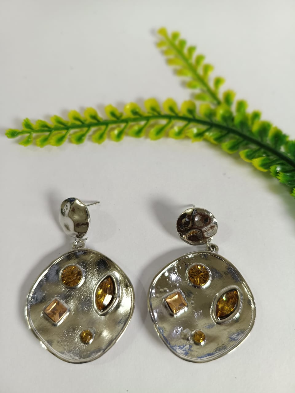 Wincham Fashion House earrings with stone beded drop in silver with unique geometric design