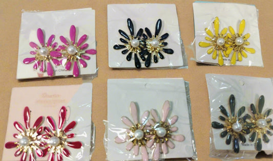 Colorful Korean flower earrings with pearl centers in pink, black, yellow, red, and pastel pink designs