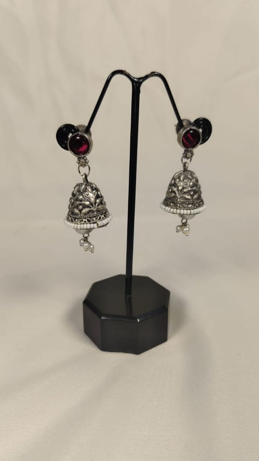 My Store Kundan red jhumki earrings with intricate silver design and red gemstone studs