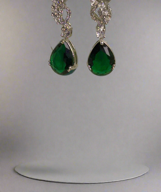 Wincham Fashion House elegant Emerald drop earrings with teardrop green gemstones and silver settings