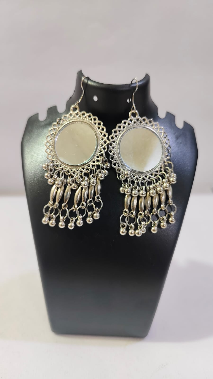 Elegant mirror dangler earrings by Wincham Fashion House with intricate detailing and dangling beads