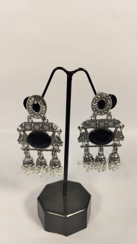 Wincham Fashion House oxidized black stone earrings with intricate designs and dangling pearls
