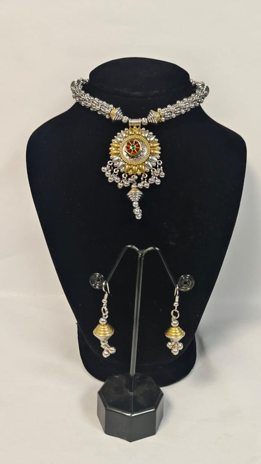Pachi oxidised hasli necklace set with intricate design and matching earrings, perfect for special occasions.