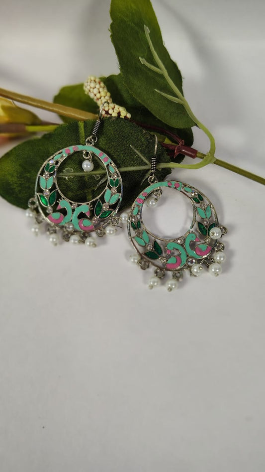 Wincham Fashion House party wear meenakari dangler earrings with green and pink floral design and pearl accents