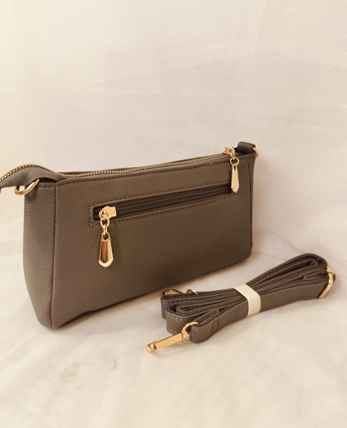 My Store women's crossbody bag grey with gold zippers and detachable adjustable strap