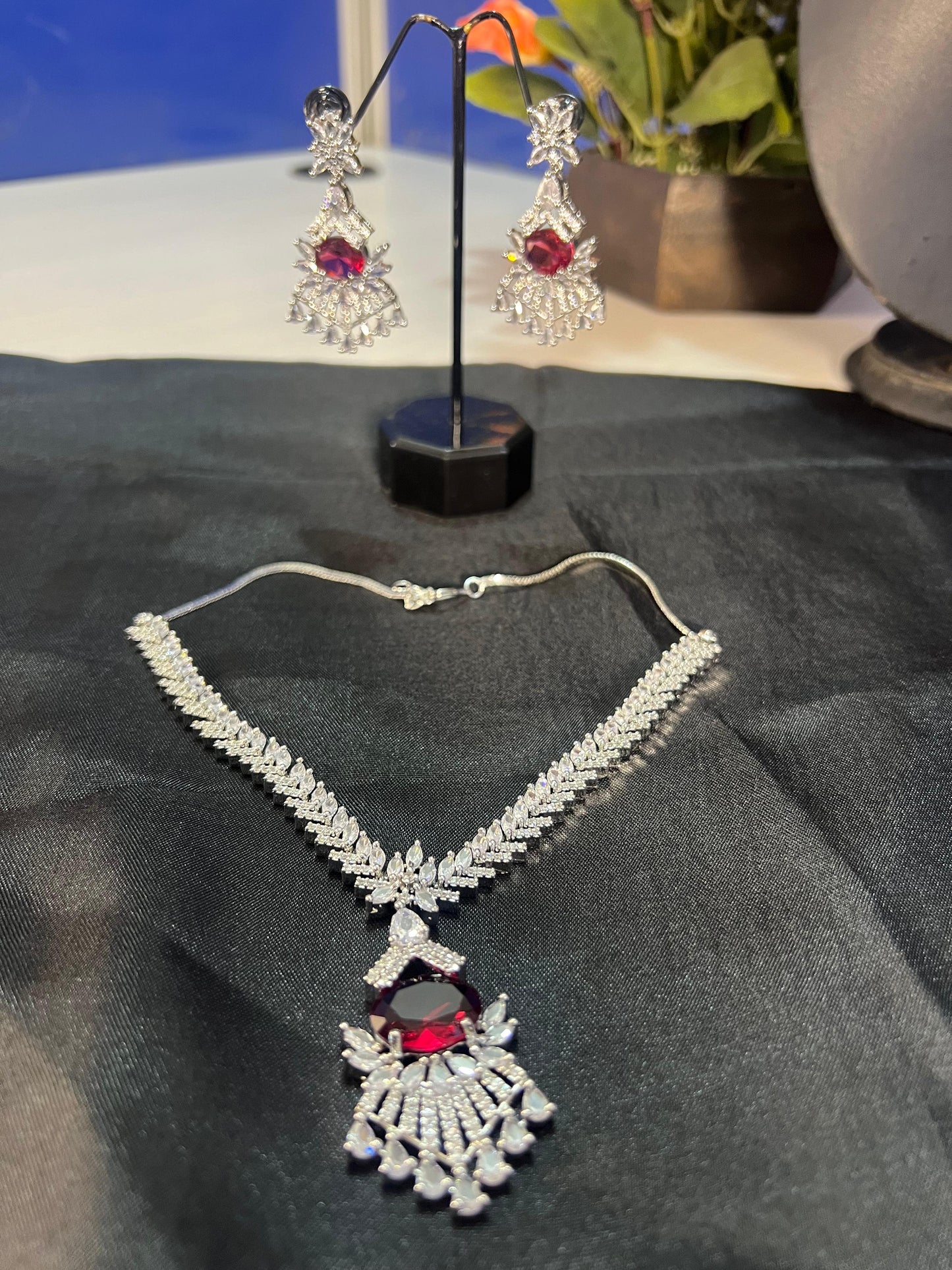 Peacock design ruby necklace AD set featuring ruby and diamond jewelry with matching earrings from My Store