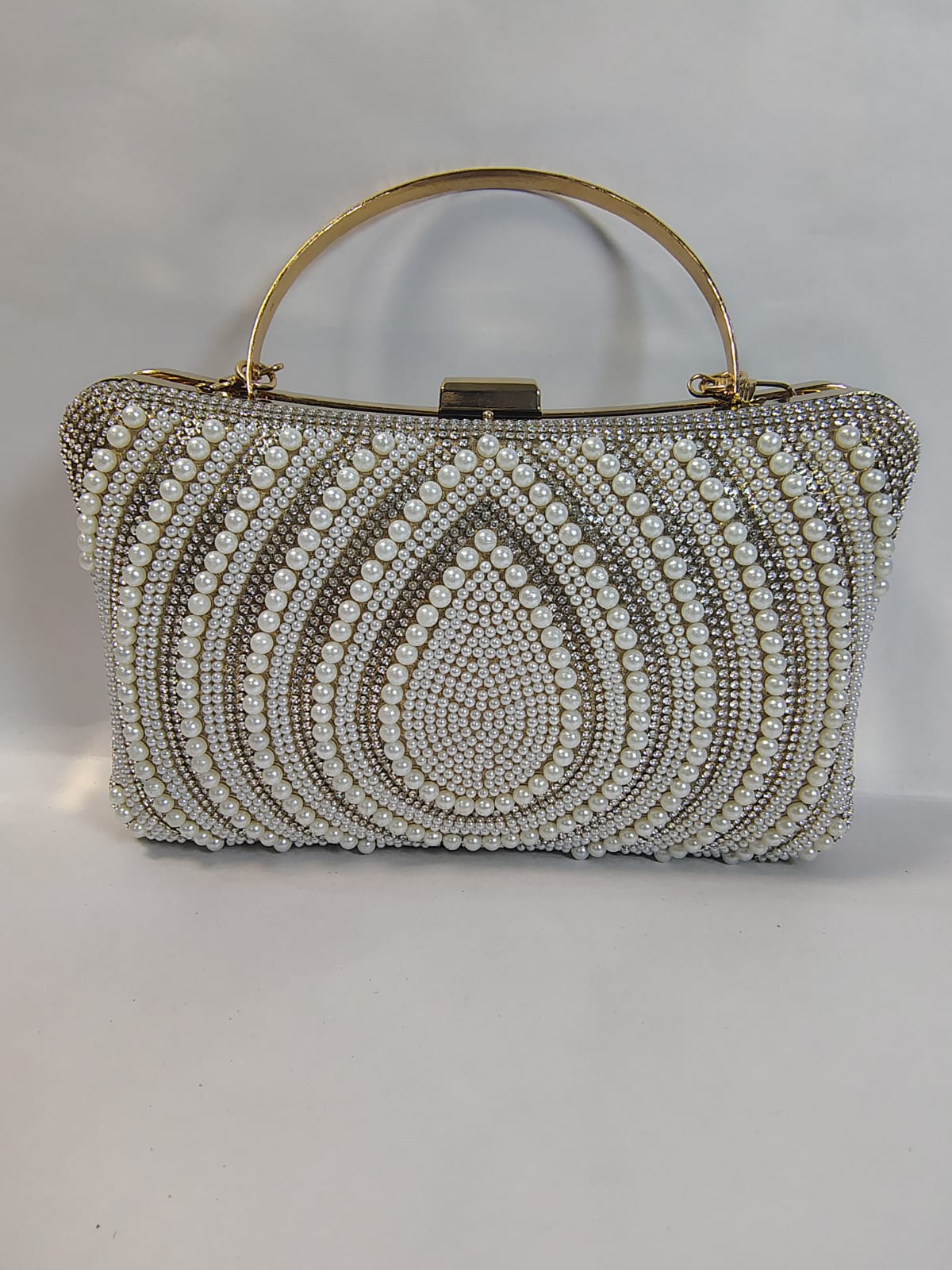 Wincham Fashion House pearl clutch it bag with elegant beaded design and gold handle