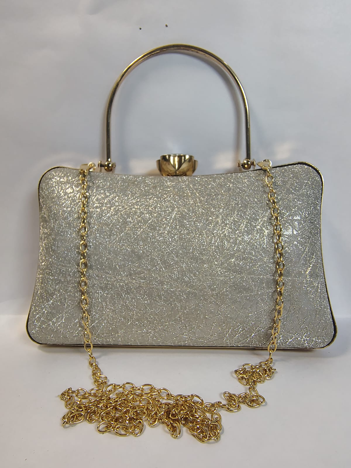 Wincham Fashion House pearl clutch it bag with metallic finish and removable gold chain strap
