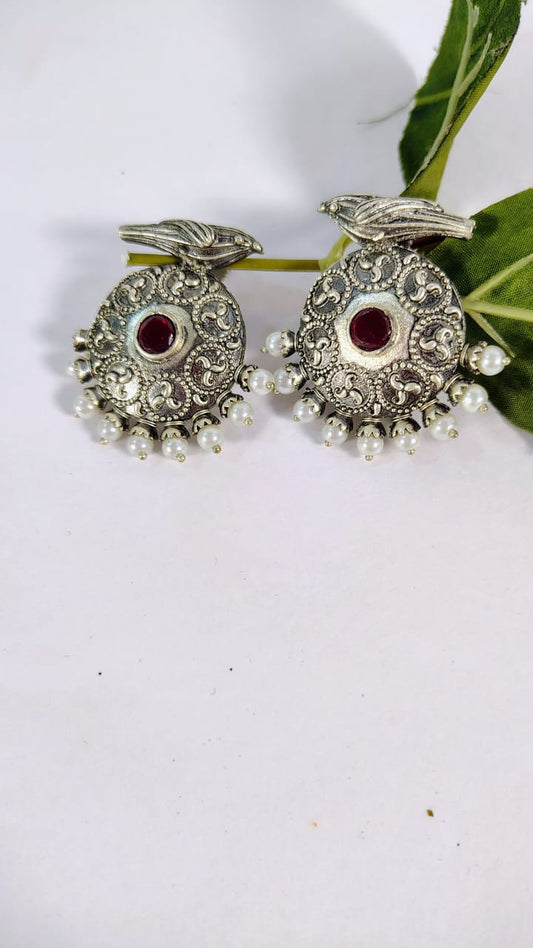 Wincham Fashion House red stone alloy silver earrings with intricate design and pearl detailing