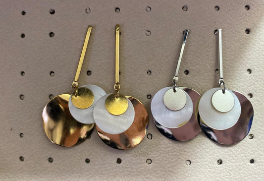 Wincham Fashion House silver and gold seashell earrings with round layered discs and long hooks