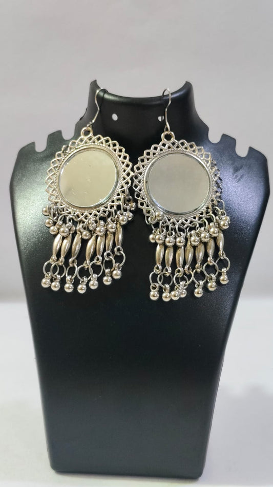 Elegant silver oxidised earrings with intricate detailing and hanging beads from Wincham Fashion House