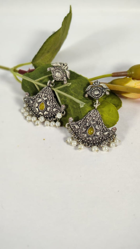 Wincham Fashion House silver pearl drop hanging earrings with intricate design and yellow gemstone