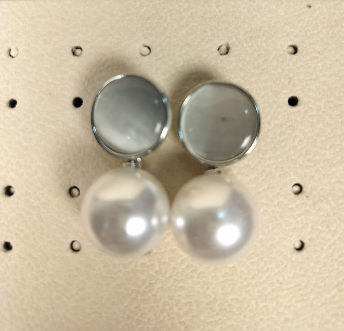 Silver pearl Korean earrings by Wincham Fashion House with round silver tops and large white pearls