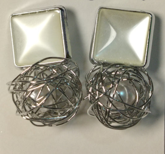 Wincham Fashion House silver pearl Korean earrings with square pearl top and intricate silver wire design