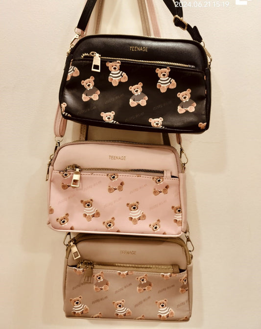 Wincham Fashion House crossbody bag combo for women in black pink and beige with teddy bear prints