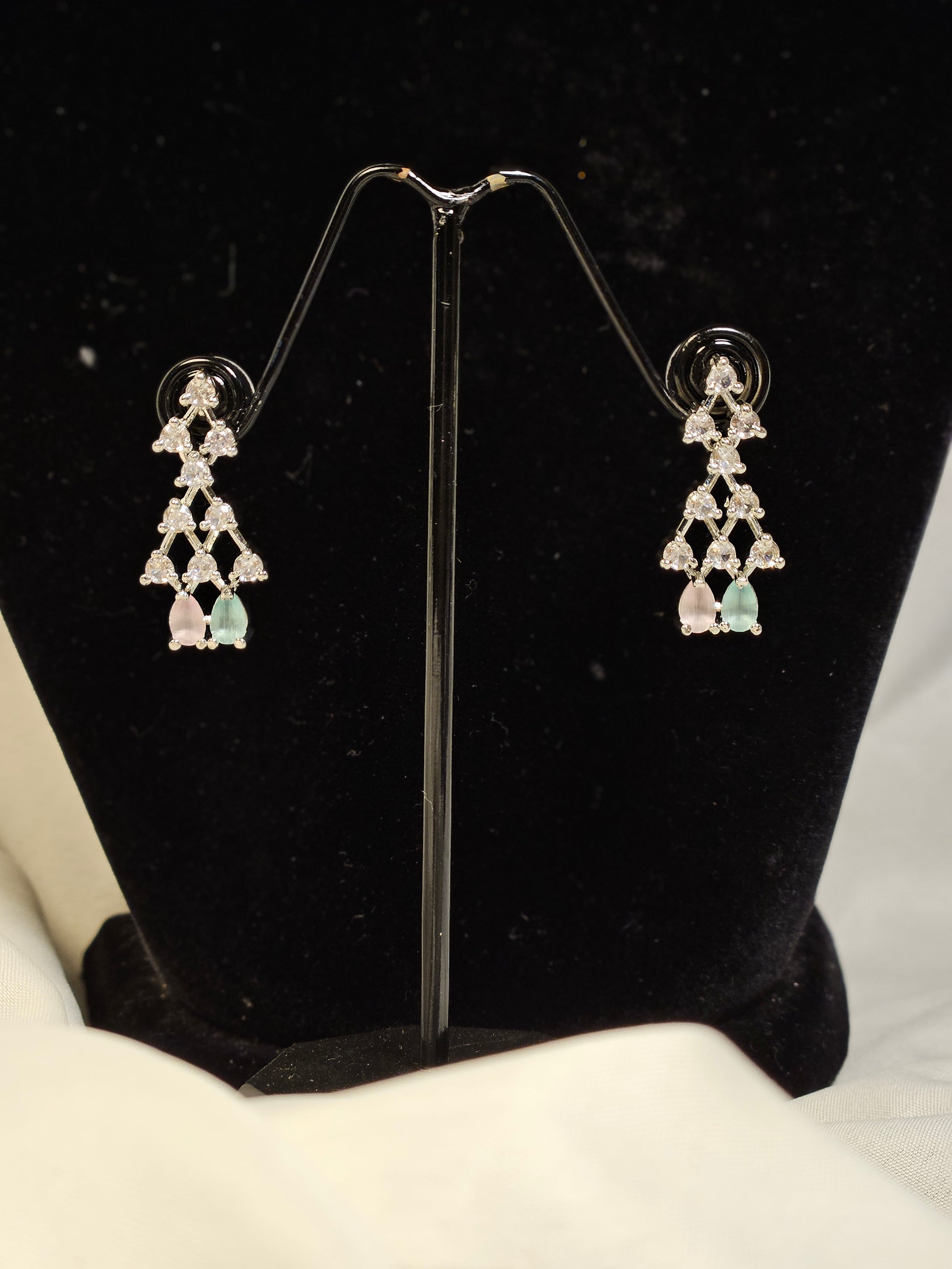 Wincham Fashion House American diamond necklace set earrings with triangular design and colored stones