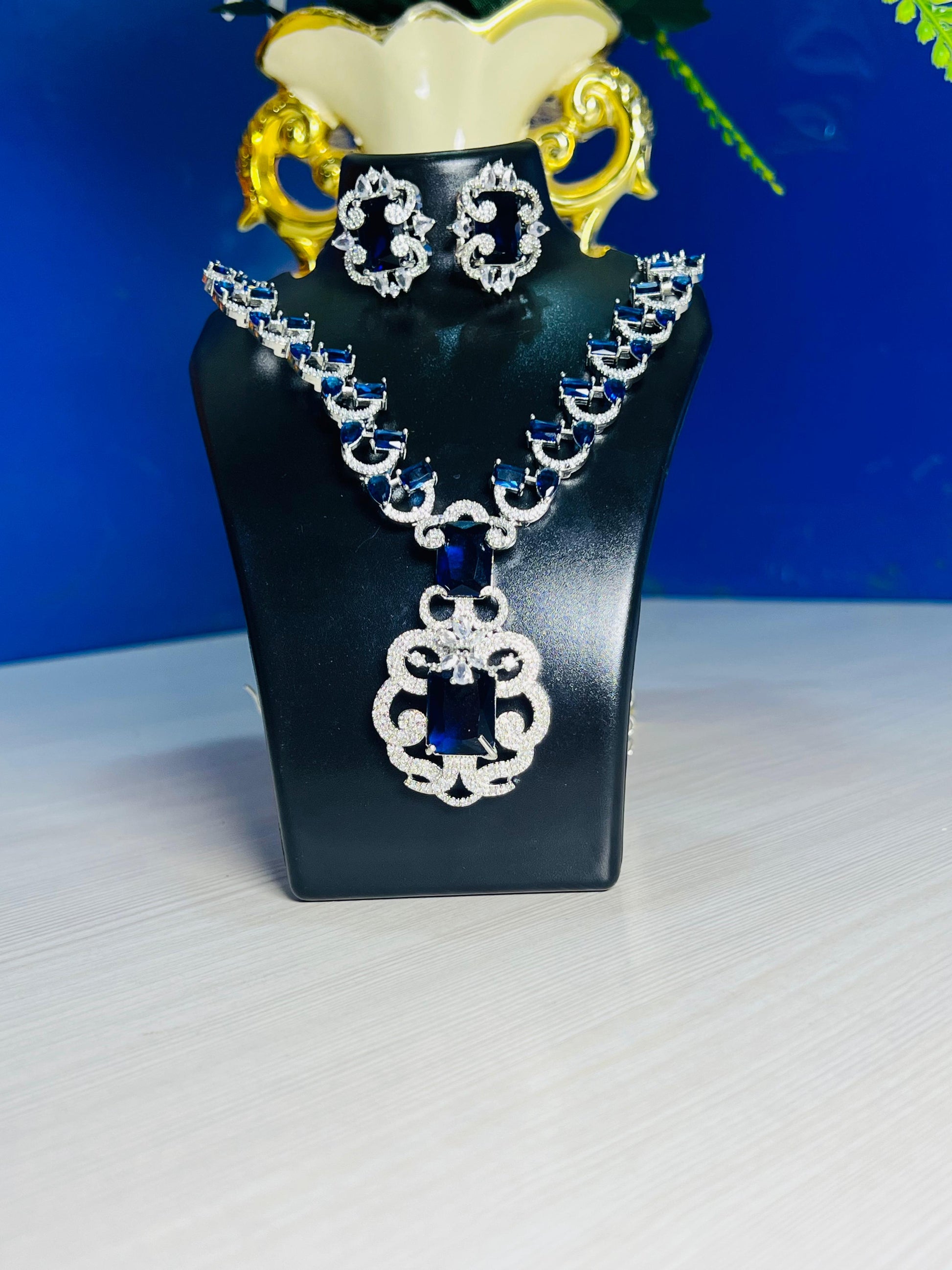 Wincham Fashion House elite royal blue design necklace set for weddings with matching earrings