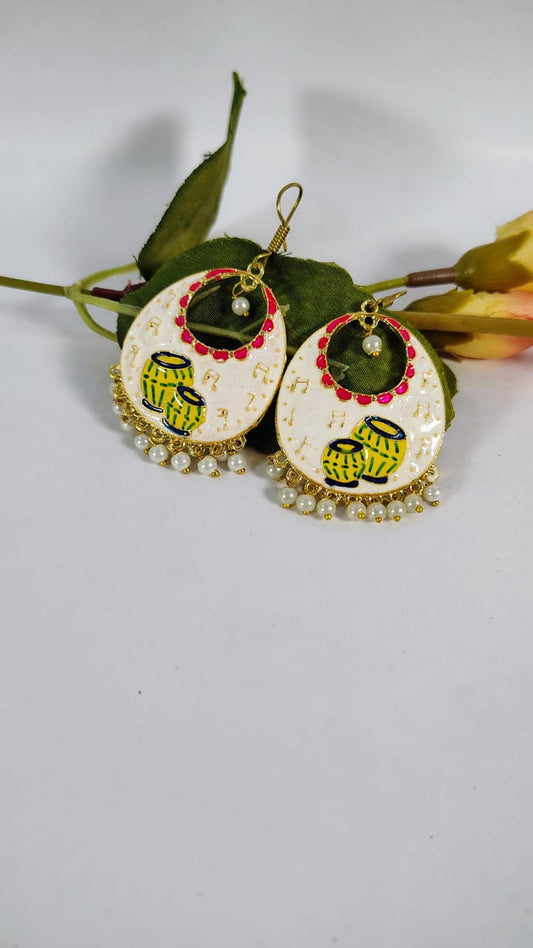 Wincham Fashion House traditional Indian hanging hoops with intricate yellow pot design and pearl accents