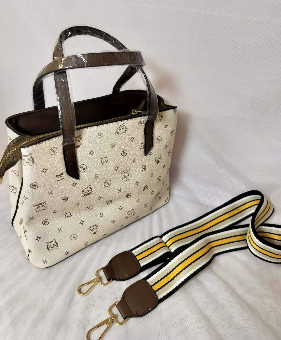 My Store beige handbag with patterned design and detachable striped shoulder strap accessory