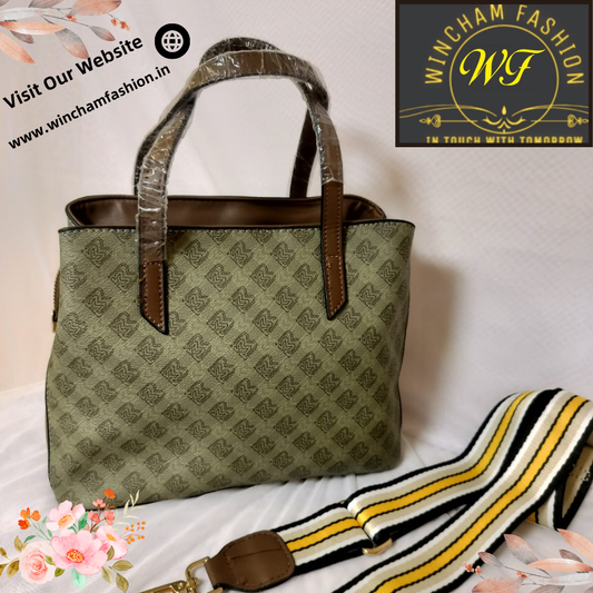 Green shoulder bag for women with brown handles and patterned fabric from My Store