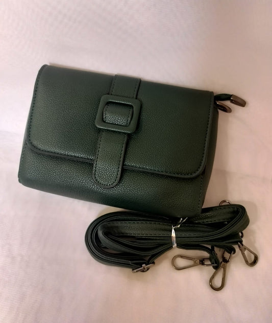 Black women's leather crossbody bag with buckle detail and adjustable strap from My Store
